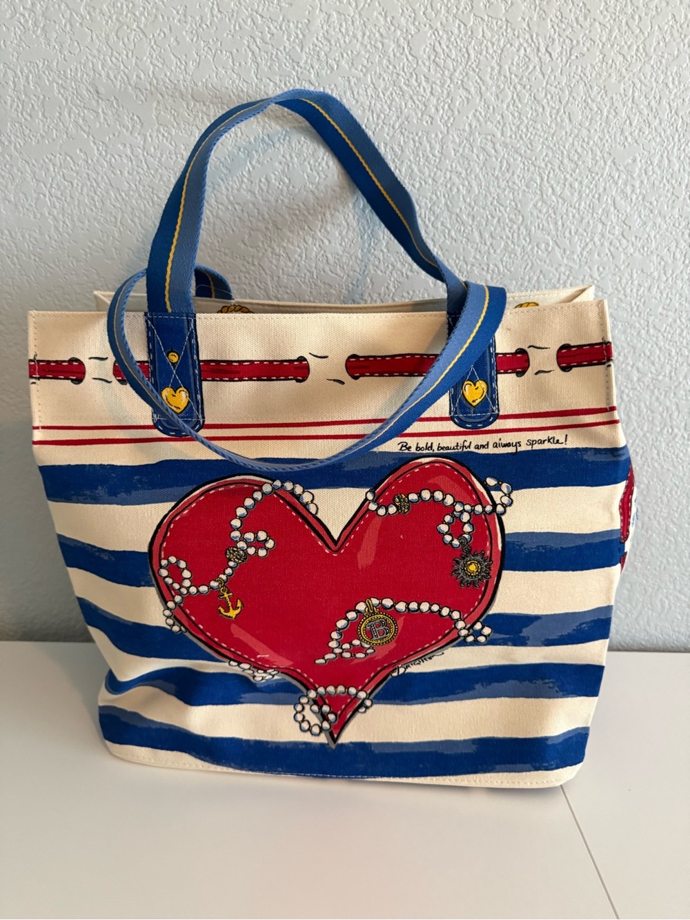 Brighton Blue and White Striped Canvas Tote with Red Heart